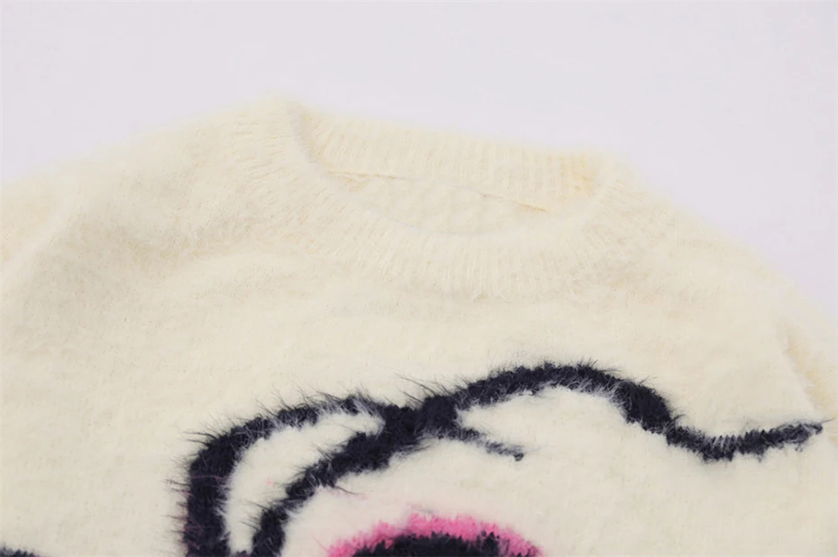 Crew neck brushed jacquard knitted pullover sweater