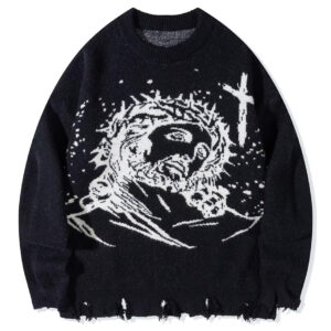 Men's Distressed Knitted Sweater with Anime Design