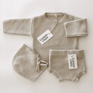 Custom Cotton Baby 3pcs Knit Romper Blommer Beanie Sweater Set