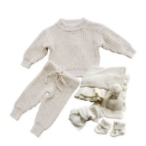 Custom Baby Cotton Knit Sweater Set with Pants, Blanket, Hat & Booties