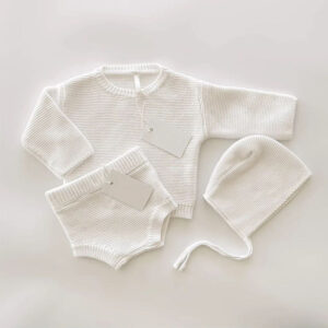 Custom Baby Cotton Knit Sweater Set with Romper & Beanie