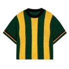 Short Sleeve Cotton Green and Yellow Striped Knitted Jersey Sweater
