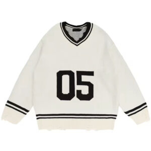 Custom Men Cotton Men Jacquard Number Sweater V-neck Long Sleeve Striped Pullover