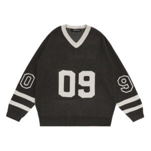 Custom Men Cotton Jacquard Number V Neck Striped Knit Sweater