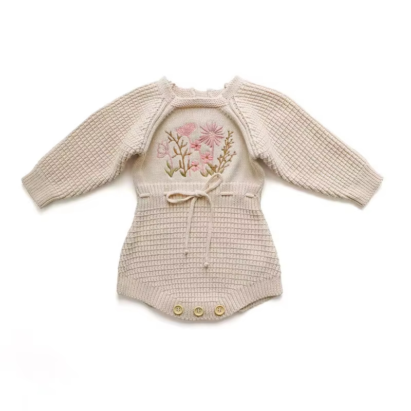 Custom Floral Embroidered Baby Romper Jumpsuit – Image 1 Floral Embroidered Baby Romper Jumpsuit for custom baby knitwear OEM ODM supplier
