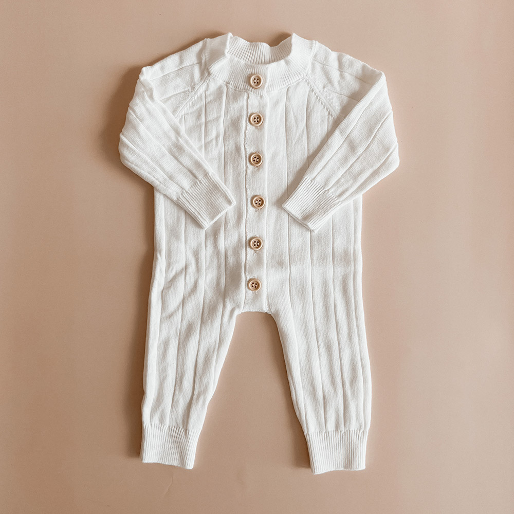 Custom Ribbed Knit Baby Jumpsuit Romper – Image 1 Ribbed Knit Baby Jumpsuit Romper for custom baby knitwear OEM ODM supplier