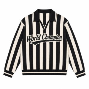 Custom Men’s Jacquard Logo Striped Cotton Knit Polo V Neck Sweater