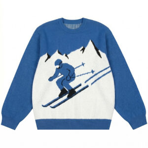 Men’s Blue Cotton Jacquard Ski Pattern Crew Neck Knitted Sweater