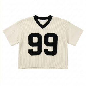 Custom Men’s Beige Ribbed V-Neck Jacquard Letter Short Sleeve Knitted Sweater