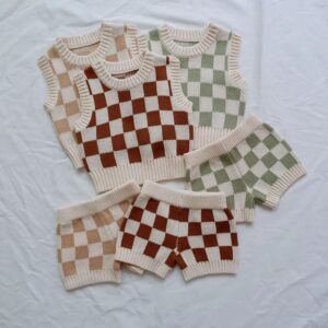 Checkered Plaid Baby Knit Vest Set for custom baby knitwear OEM ODM supplier