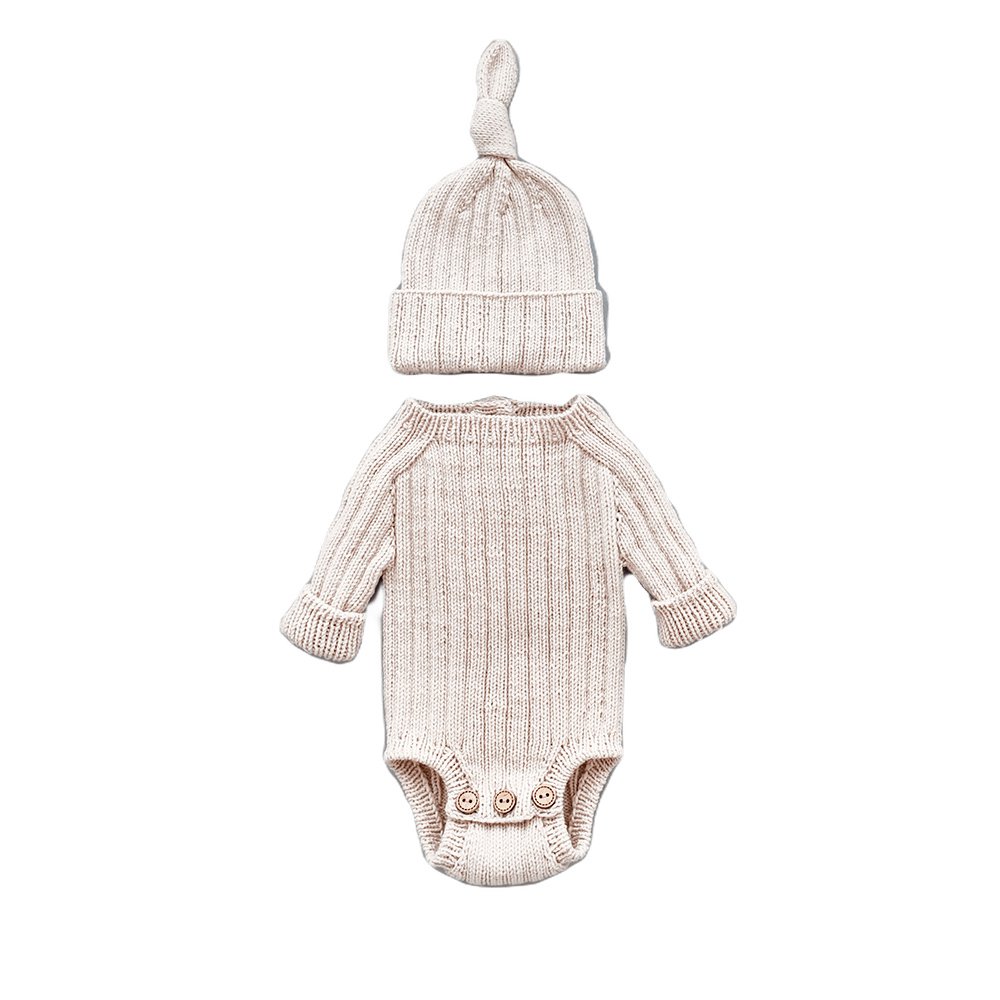 Custom Knitted Baby Romper Jumpsuit Set – Image 1 Knitted Baby Romper Jumpsuit Set for custom baby knitwear OEM ODM supplier