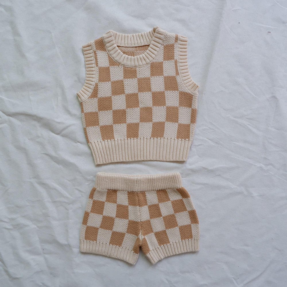 Checkered Plaid Baby Knit Vest Set for custom baby knitwear OEM ODM supplier