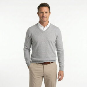 Custom Men Merino Wool Knitted Sweater V neck Gray Knitwear