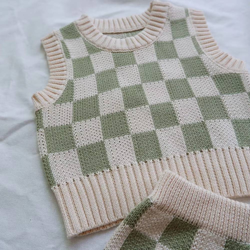 Checkered Plaid Baby Knit Vest Set for custom baby knitwear OEM ODM supplier