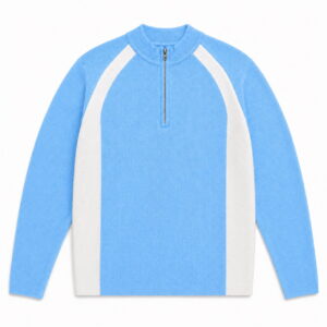 Custom Men Quarter Zip Cotton Knitted Sweater Blue Color Block Pullover