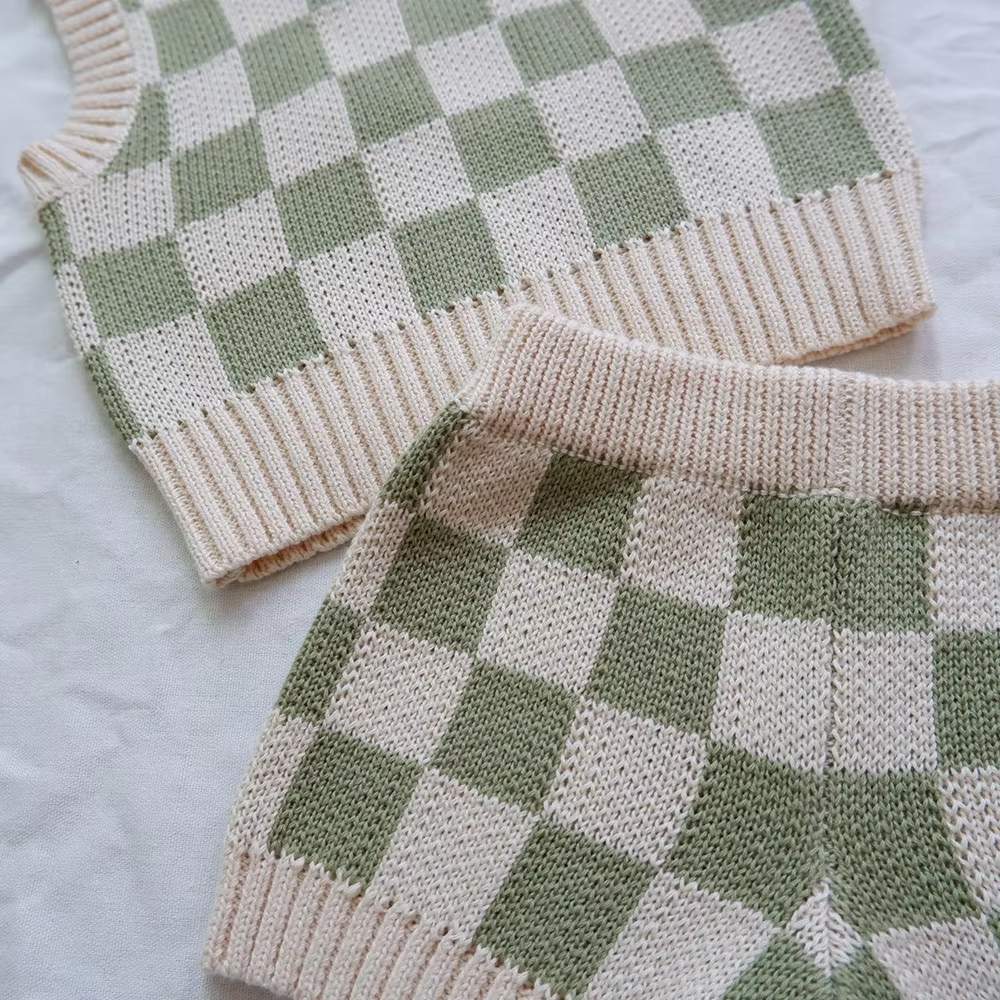 Checkered Plaid Baby Knit Vest Set for custom baby knitwear OEM ODM supplier