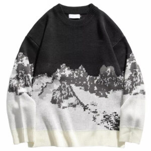 Custom Cotton Jacquard Mountain Landscape Crew Neck Long Sleeve Sweater