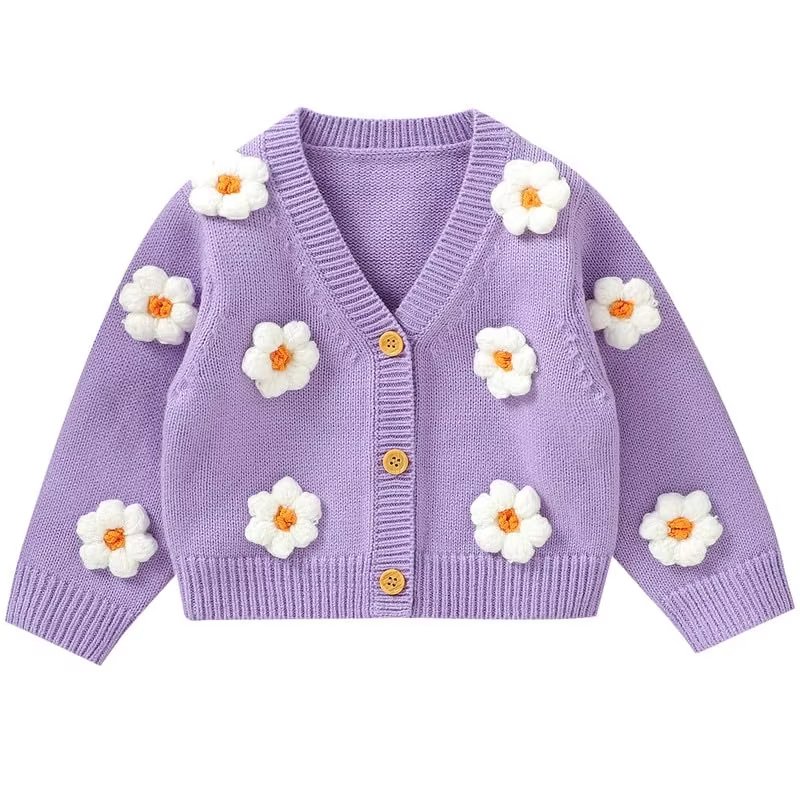 Custom Handmade Floral Knit Baby Cardigan – Image 1 Handmade Floral Knit Baby Cardigan for custom baby knitwear OEM ODM supplier