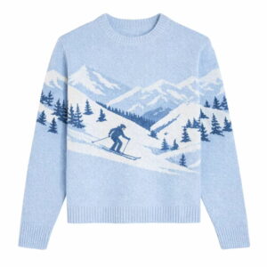 Custom Men Jacquard Ski Mountain Landscape Crew Neck Cotton Knit Sweater