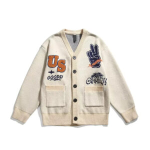 Custom Men Embroidered Patch Cardigan Sweater with Pockets