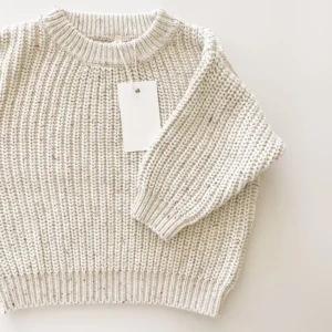 chunky knit speckle cotton baby sweater pullover front view flat lay product photo