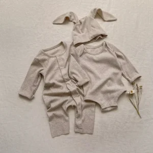 speckle cotton ribbed knit baby romper set front view flat lay product photo