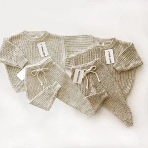 sprinkle cotton baby sweater set pants front view flat lay product photo