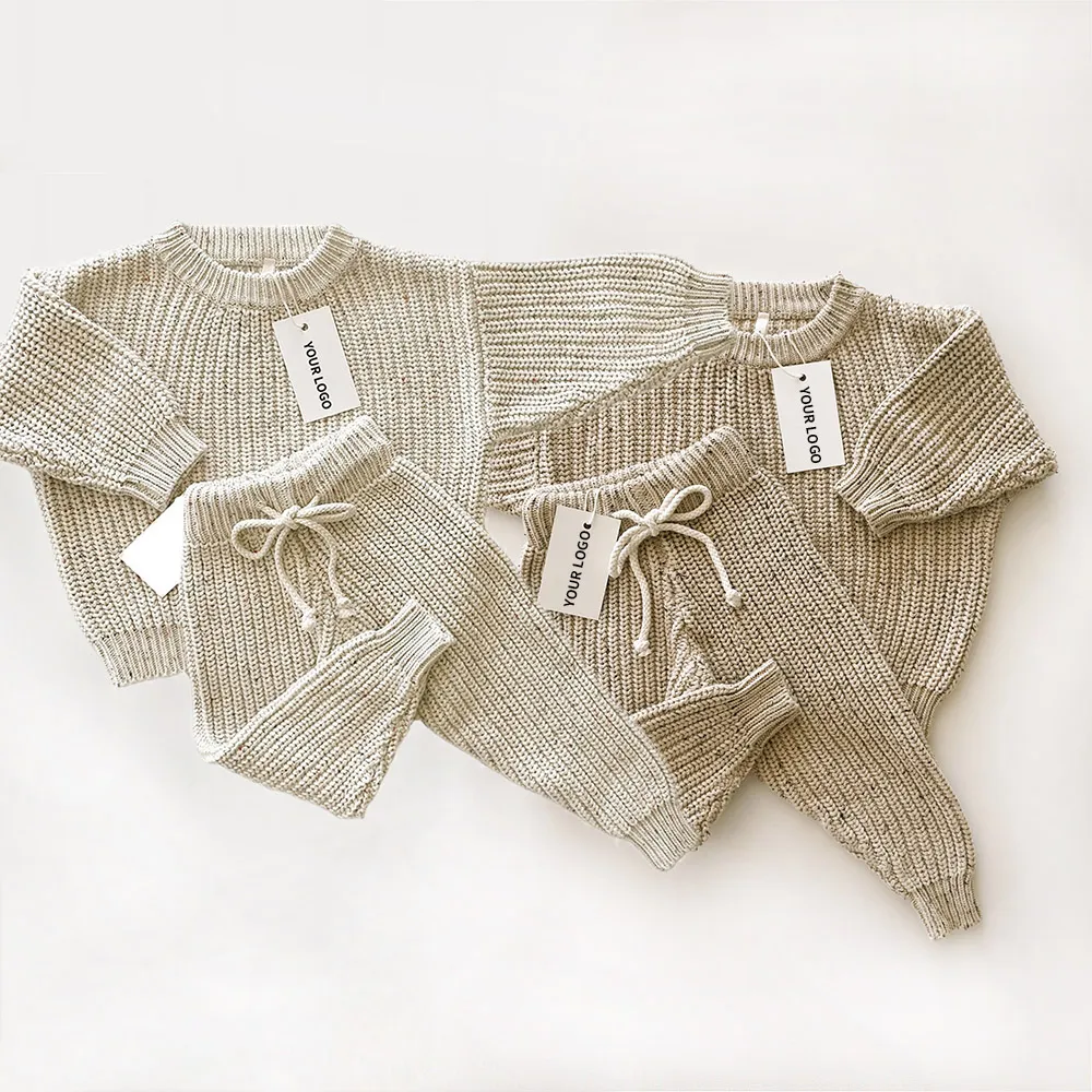 Sprinkle Cotton Baby Sweater Set with Knit Pants - Product Image 1 sprinkle cotton baby sweater set pants front view flat lay product photo