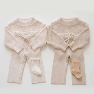 speckled cotton two piece toddler knit set front view flat lay product photo