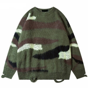 Custom Men Abstract Camouflage Mohair Distressed Sweater Crew Neck Long Sleeve Knitwear