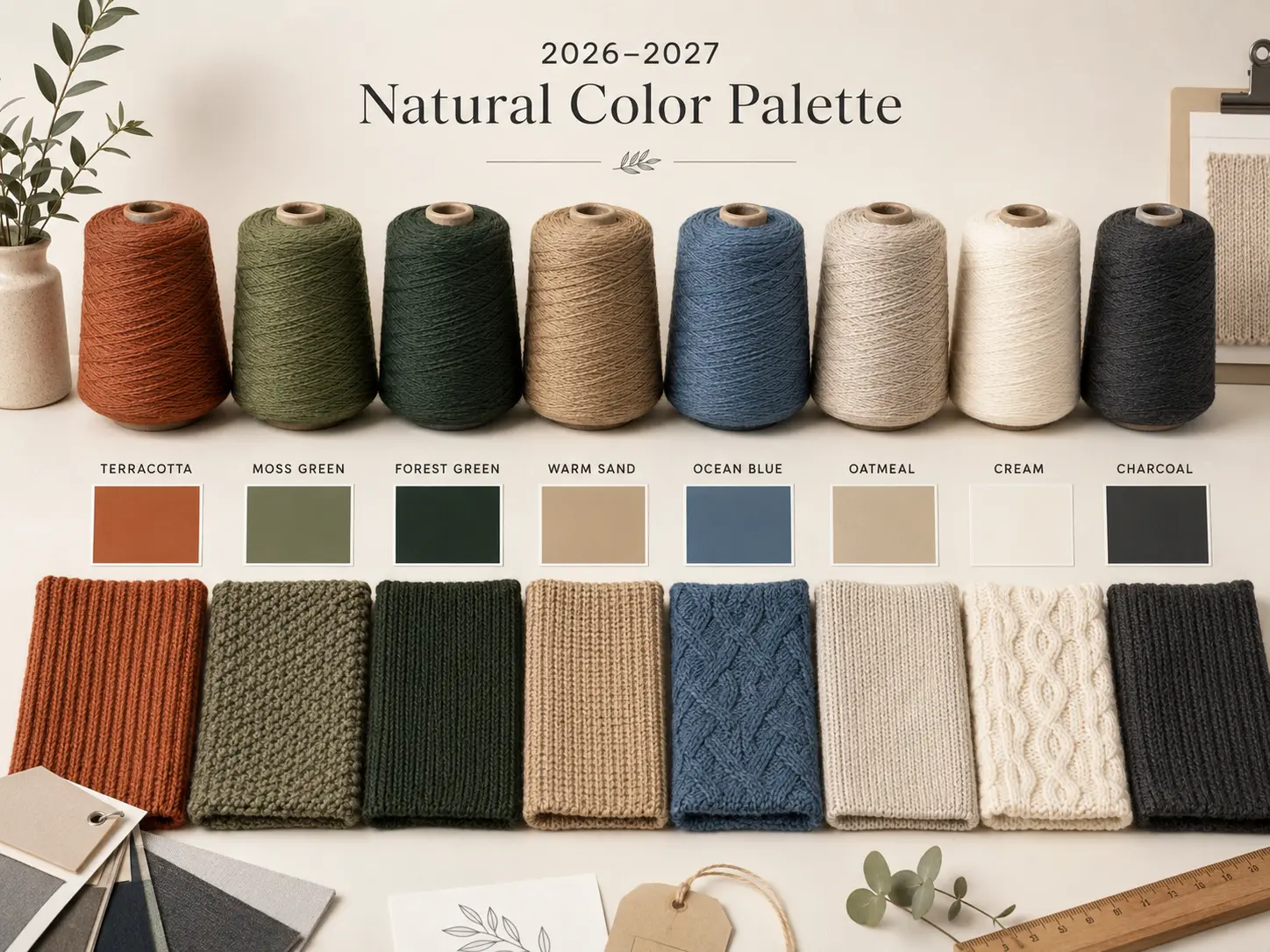 2026–2027 natural knitwear color palette featuring terracotta, moss green, forest green, warm sand, ocean blue, oatmeal, cream, and charcoal yarns.