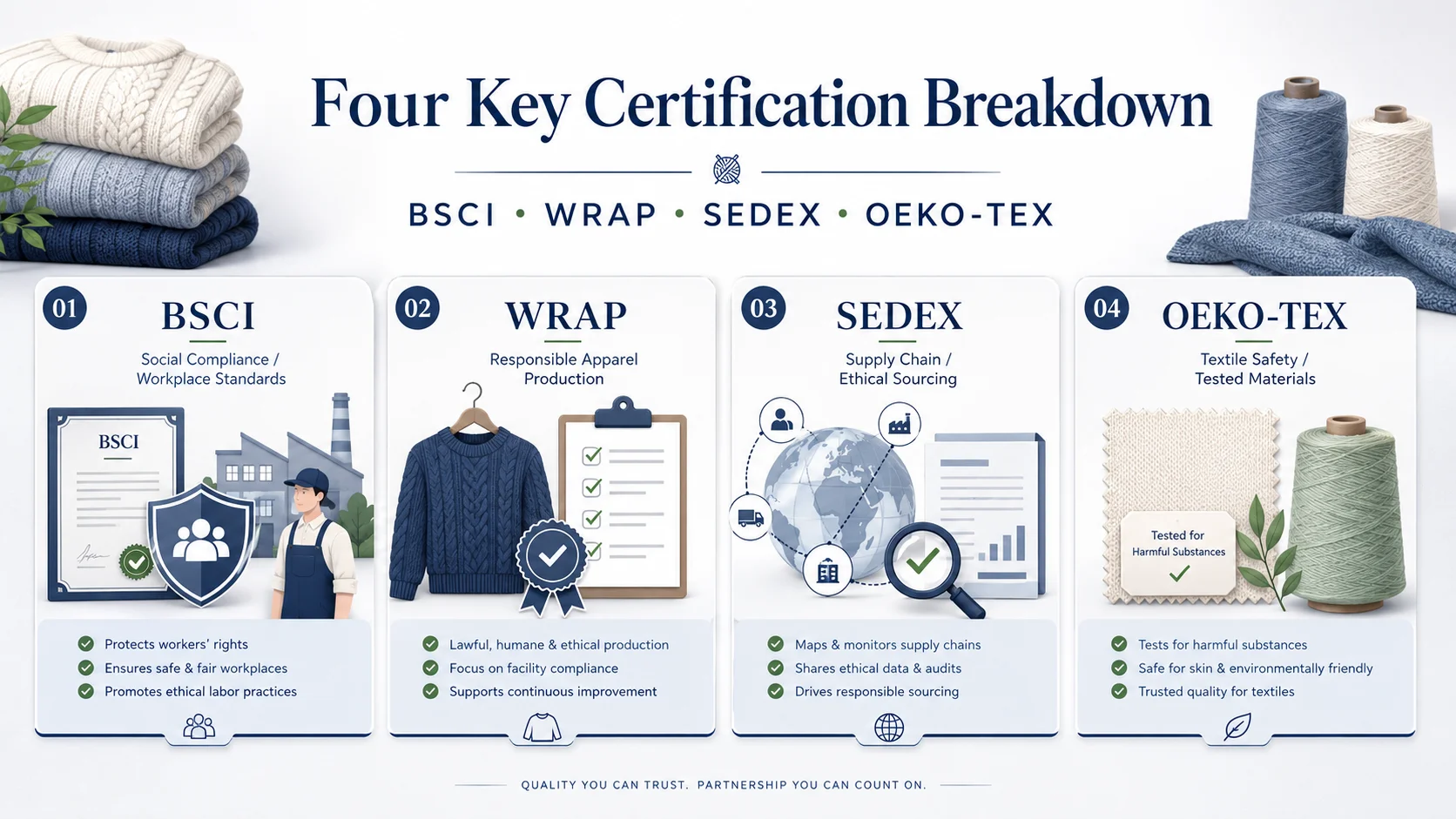 BSCI, WRAP, SEDEX and OEKO-TEX certifications explained for sweater factory sourcing