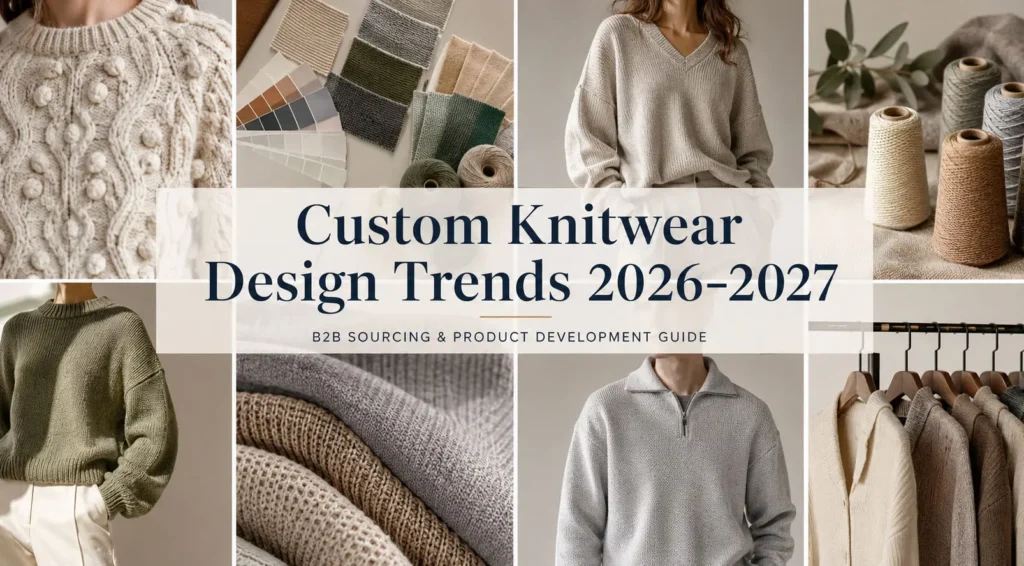Custom knitwear design trends for 2026 and 2027 featuring textured sweaters, earthy color palettes, relaxed silhouettes, yarns, fabric swatches, and modern knitwear styles.