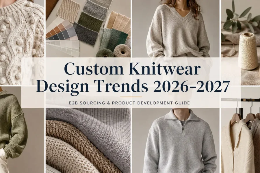 Custom knitwear design trends for 2026 and 2027 featuring textured sweaters, earthy color palettes, relaxed silhouettes, yarns, fabric swatches, and modern knitwear styles.