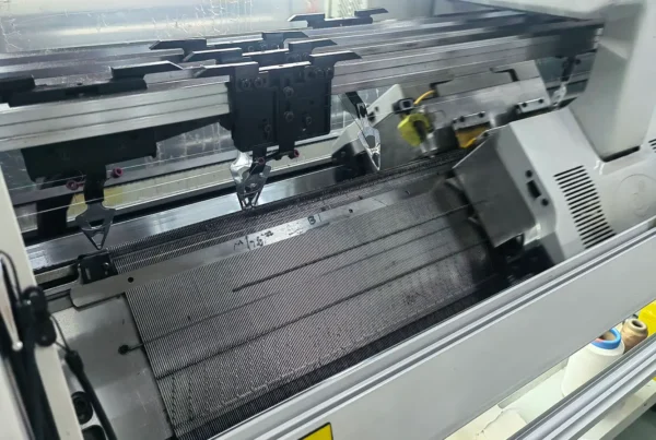 Close-up of a computerized flat knitting machine used for custom sweater production at HDL Fashion.