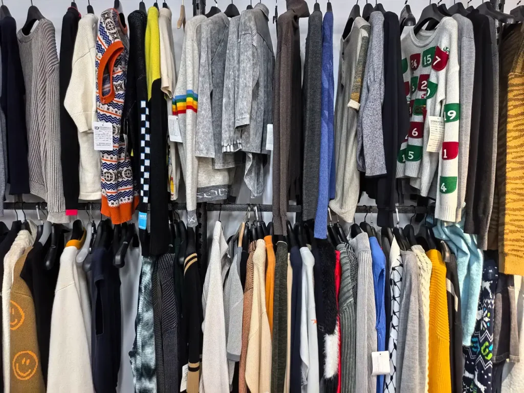 HDL Fashion showroom displaying a wide range of custom sweater and knitwear samples.
