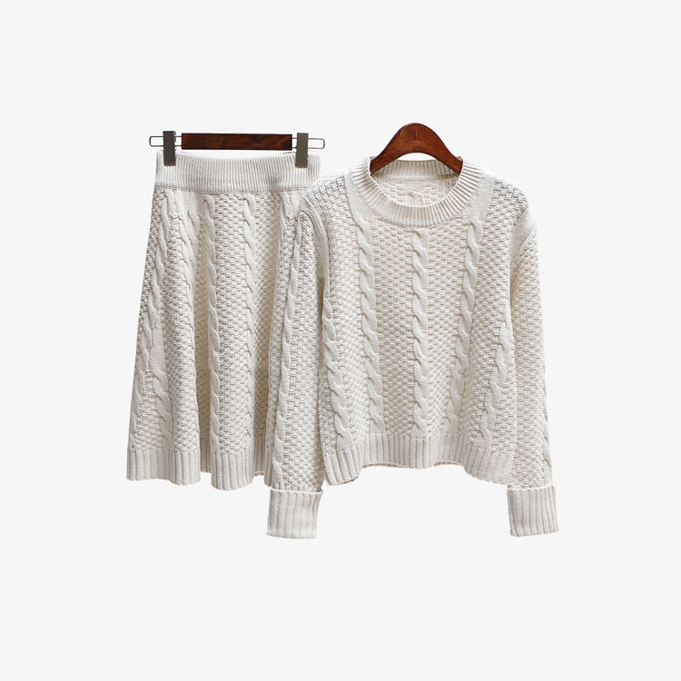 Custom Winter Cable Knitted 2 Piece Women Set Long Sleeve Crop Top Knit Skirt - Image 1 Winter Cable Knitted 2 Piece Women Set Long Sleeve Crop Top Knit Skirt custom women knitwear OEM ODM manufacturer