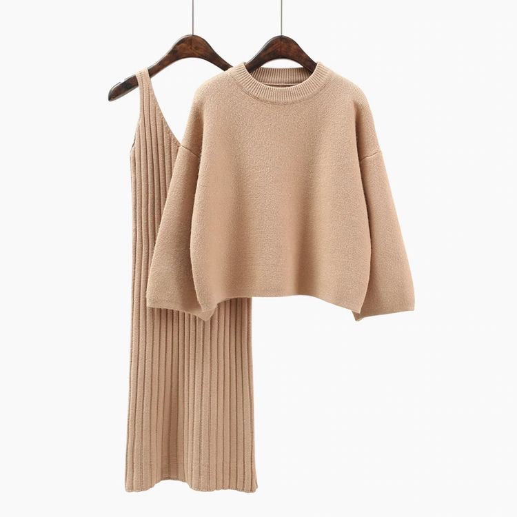 Custom Sweater Dress Set Women Two Piece Solid Oversized Knit Ribbed - Image 1 Sweater Dress Set Women Two Piece Solid Oversized Knit Ribbed custom women knitwear OEM ODM manufacturer