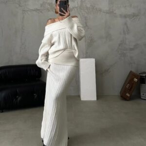 Off Shoulder Pullover Autumn Suit Women Ribbed Knit Two Piece Set custom women knitwear OEM ODM manufacturer