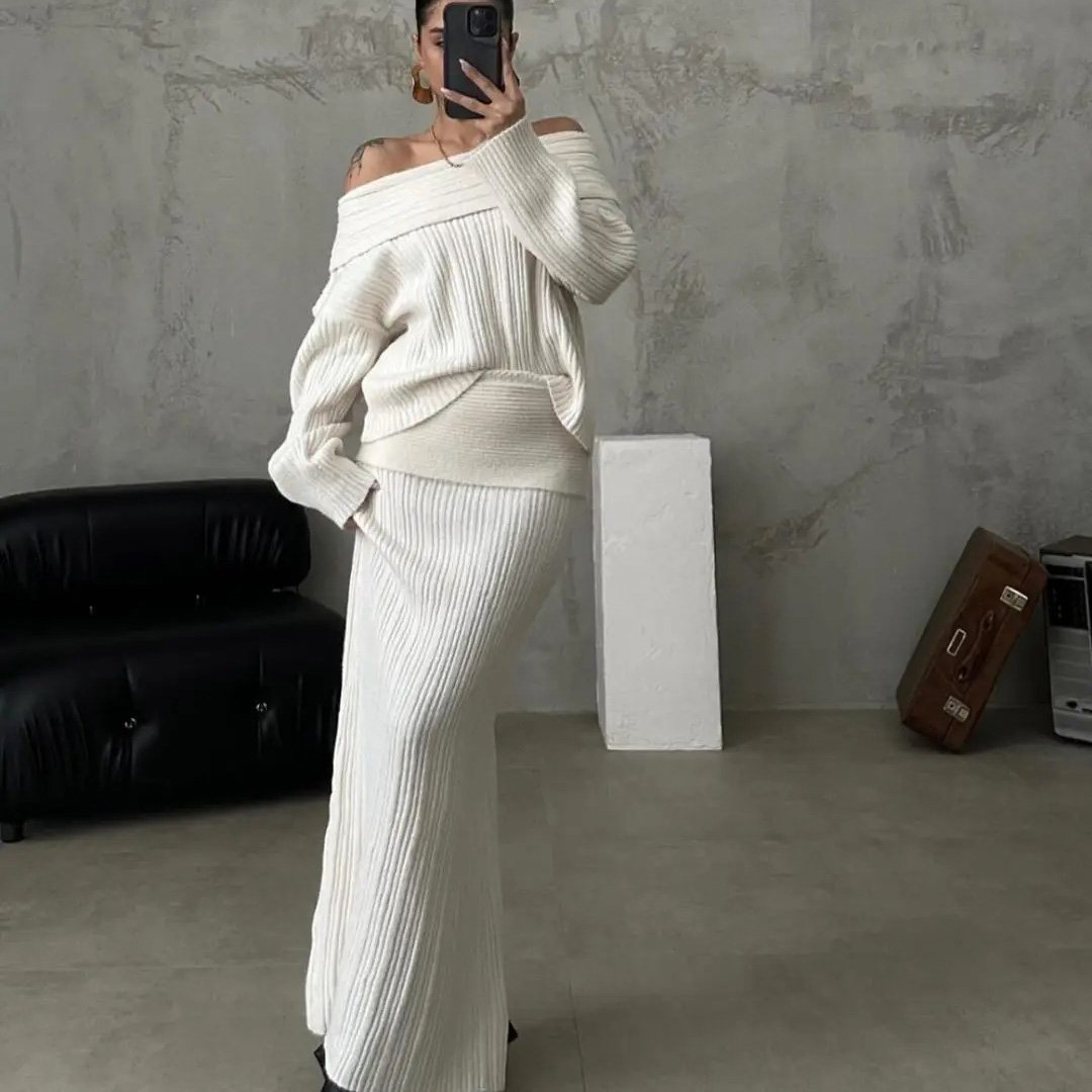 Custom Off Shoulder Pullover Autumn Suit Women Ribbed Knit Two Piece Set - Image 1 Off Shoulder Pullover Autumn Suit Women Ribbed Knit Two Piece Set custom women knitwear OEM ODM manufacturer