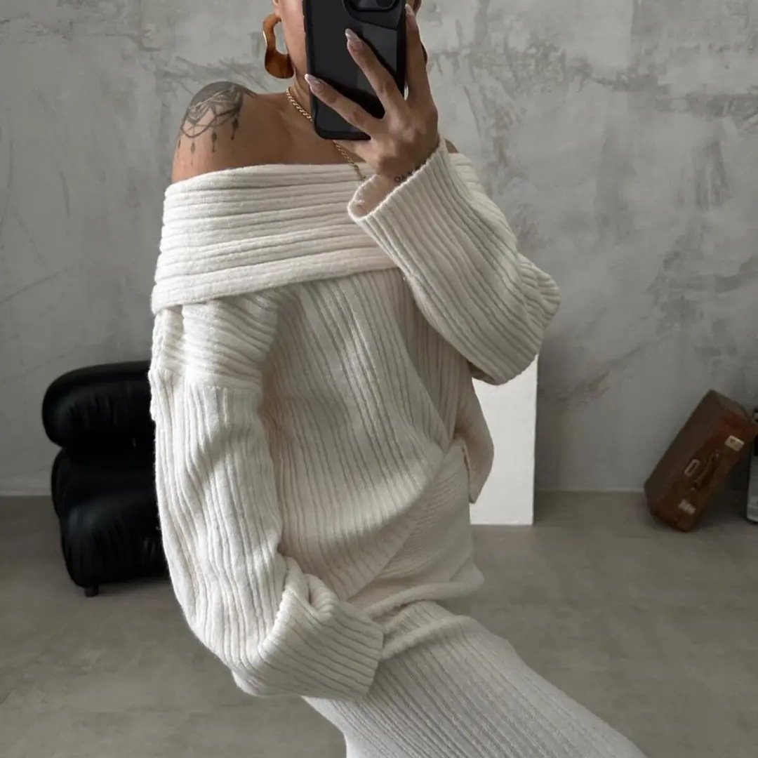 Off Shoulder Pullover Autumn Suit Women Ribbed Knit Two Piece Set custom women knitwear OEM ODM manufacturer