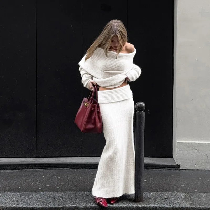 Off Shoulder Pullover Autumn Suit Women Ribbed Knit Two Piece Set custom women knitwear OEM ODM manufacturer