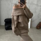 Off Shoulder Pullover Autumn Suit Women Ribbed Knit Two Piece Set custom women knitwear OEM ODM manufacturer