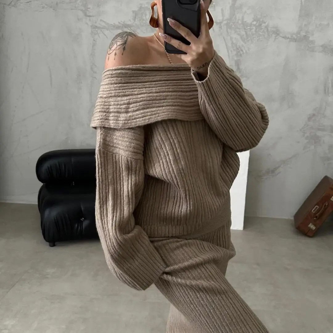 Off Shoulder Pullover Autumn Suit Women Ribbed Knit Two Piece Set custom women knitwear OEM ODM manufacturer