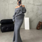 Off Shoulder Pullover Autumn Suit Women Ribbed Knit Two Piece Set custom women knitwear OEM ODM manufacturer