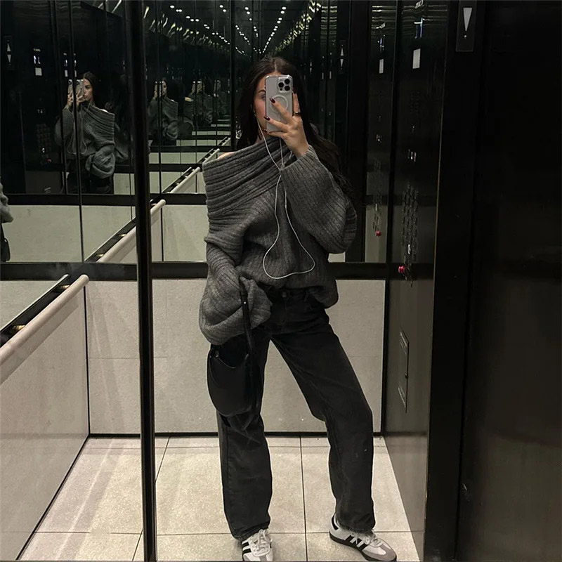 Off Shoulder Pullover Autumn Suit Women Ribbed Knit Two Piece Set custom women knitwear OEM ODM manufacturer