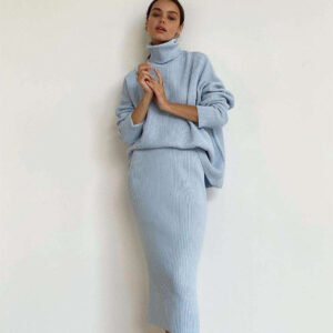 Knit Sweater Set Ribbed Turtleneck Women Two Piece Skirt Winter custom women knitwear OEM ODM manufacturer