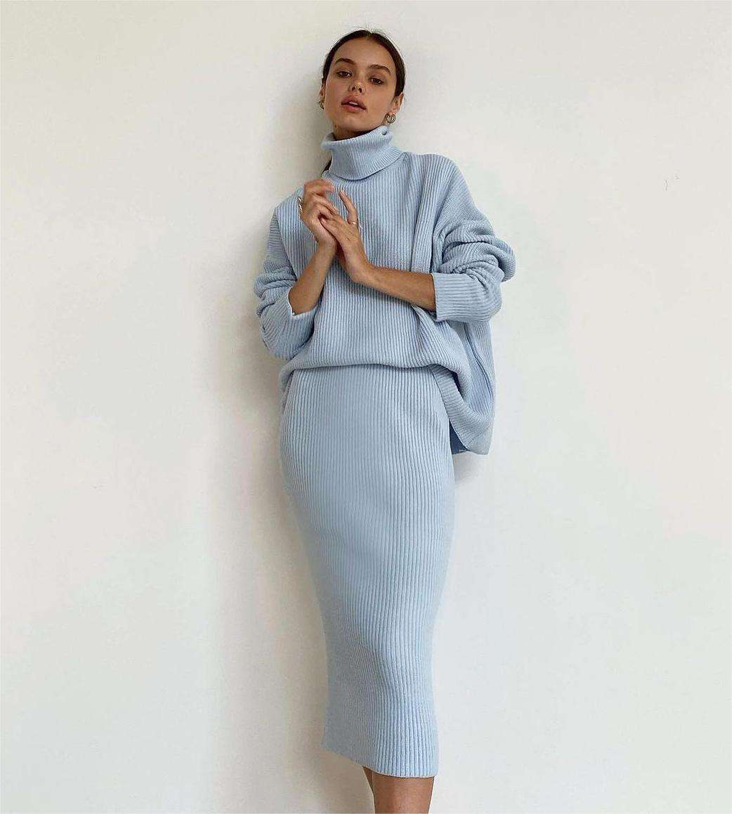 Custom Knit Sweater Set Ribbed Turtleneck Women Two Piece Skirt Winter - Image 1 Knit Sweater Set Ribbed Turtleneck Women Two Piece Skirt Winter custom women knitwear OEM ODM manufacturer