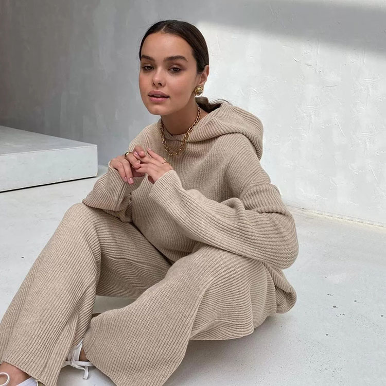 Custom Fall Winter Women Knit Sweater Two Piece Pants Set Casual Knitwear - Image 1 Fall Winter Women Knit Sweater Two Piece Pants Set Casual Knitwear custom women knitwear OEM ODM manufacturer