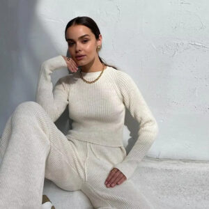 Rib Knit Long Sleeve Two Piece Casual Women Sweater Set Wide Leg custom women knitwear OEM ODM manufacturer
